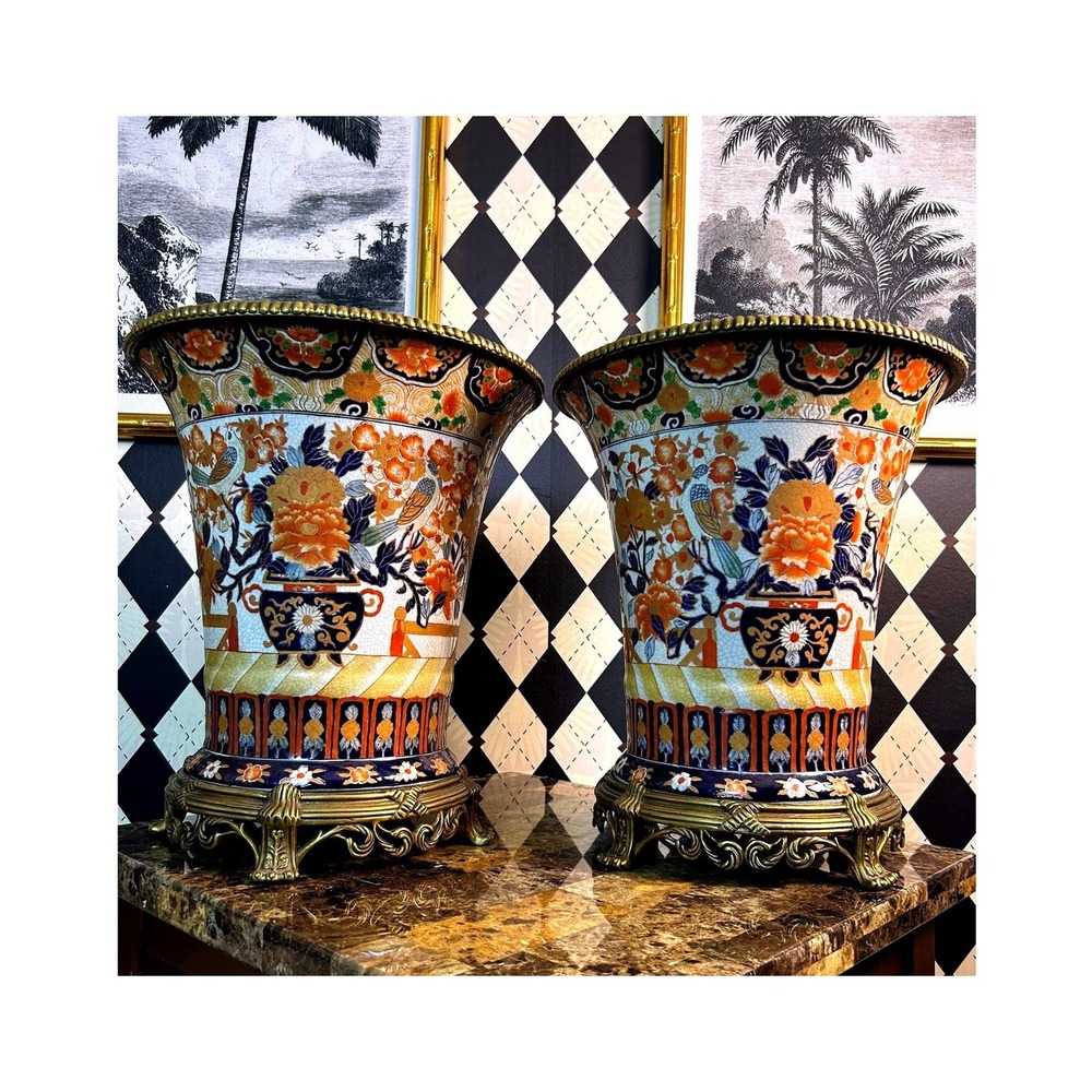 Vintage Pair Japanese Imari Porcelain Vases Bronze Mounts Floral Bird Decor